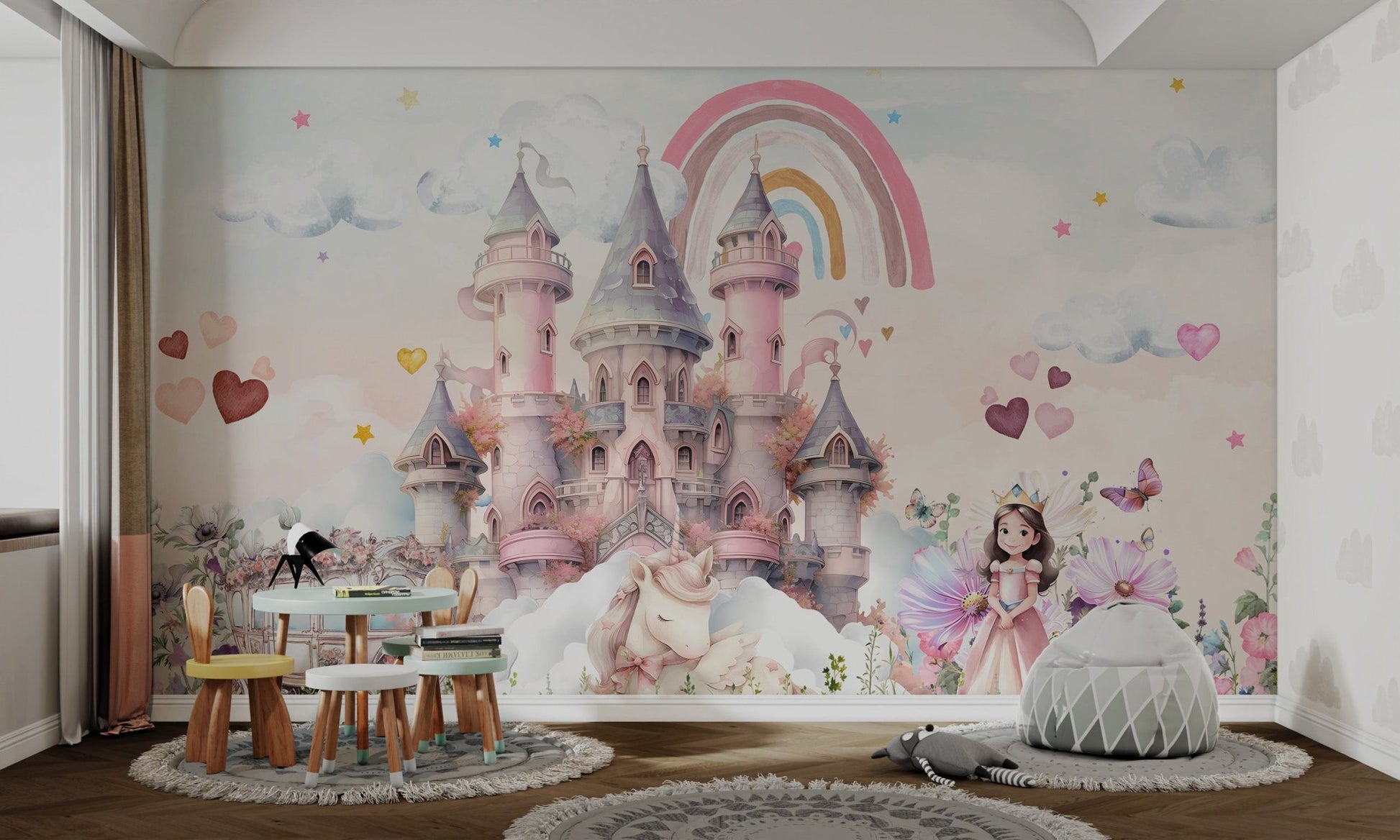 Pastel rainbow and clouds on a pink castle wall mural for study room.