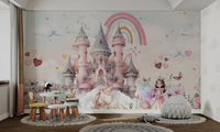 Pastel rainbow and clouds on a pink castle wall mural for study room.