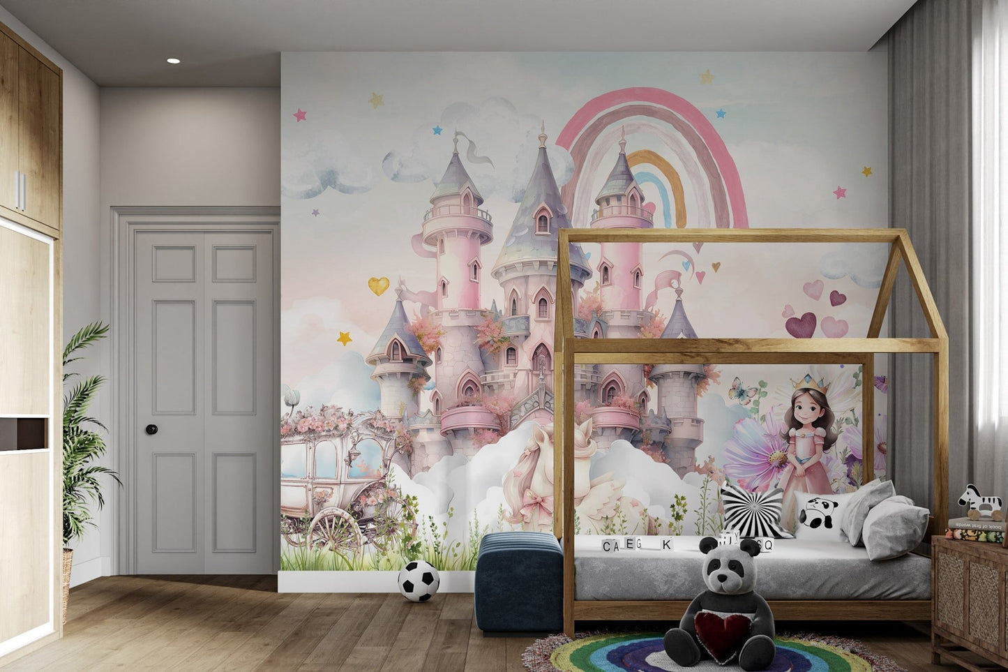 Princess girl in a pink dress with flowers wall mural for kids bedroom.
