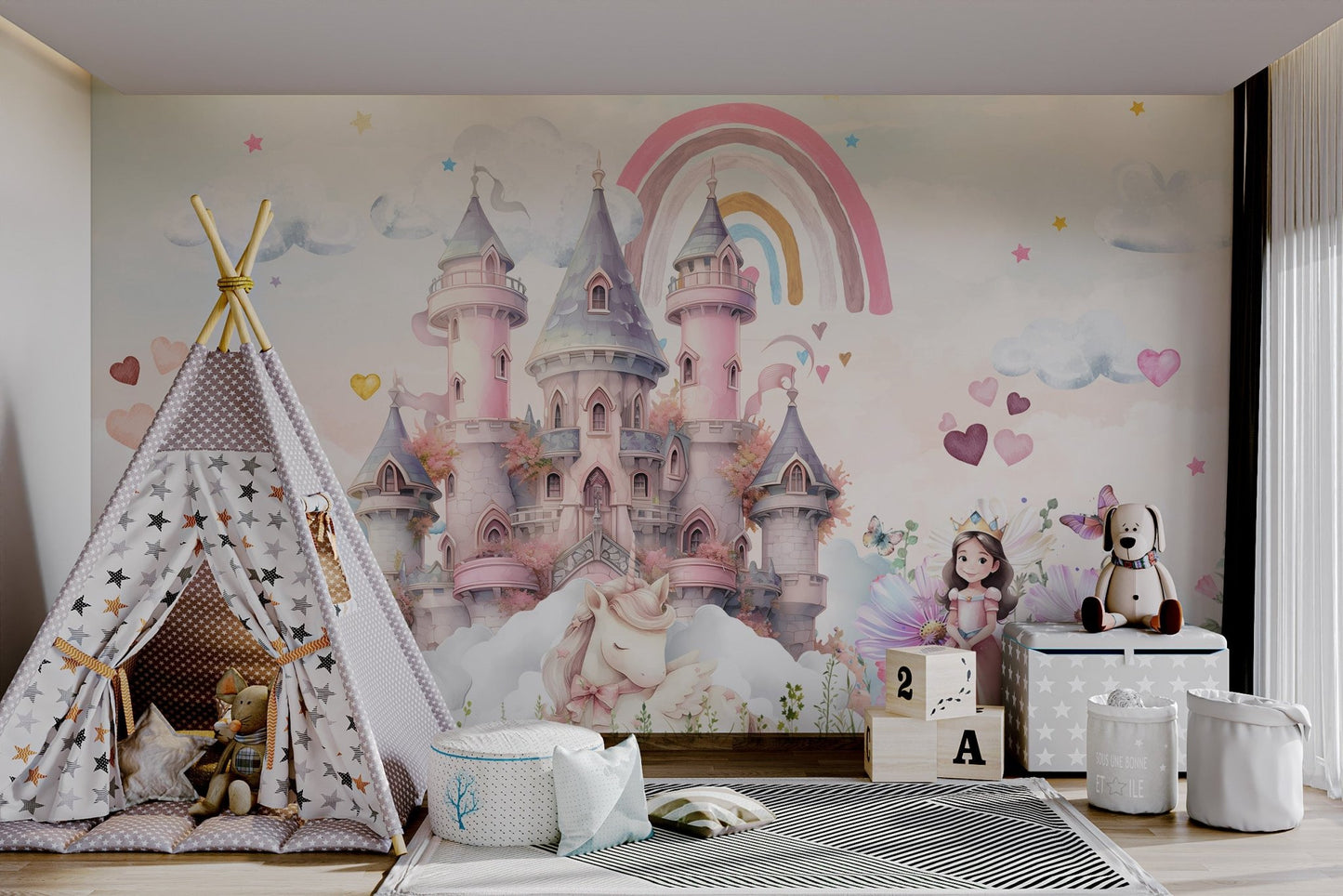 Watercolor rainbow with pink and blue castle wall mural for modern nursery.