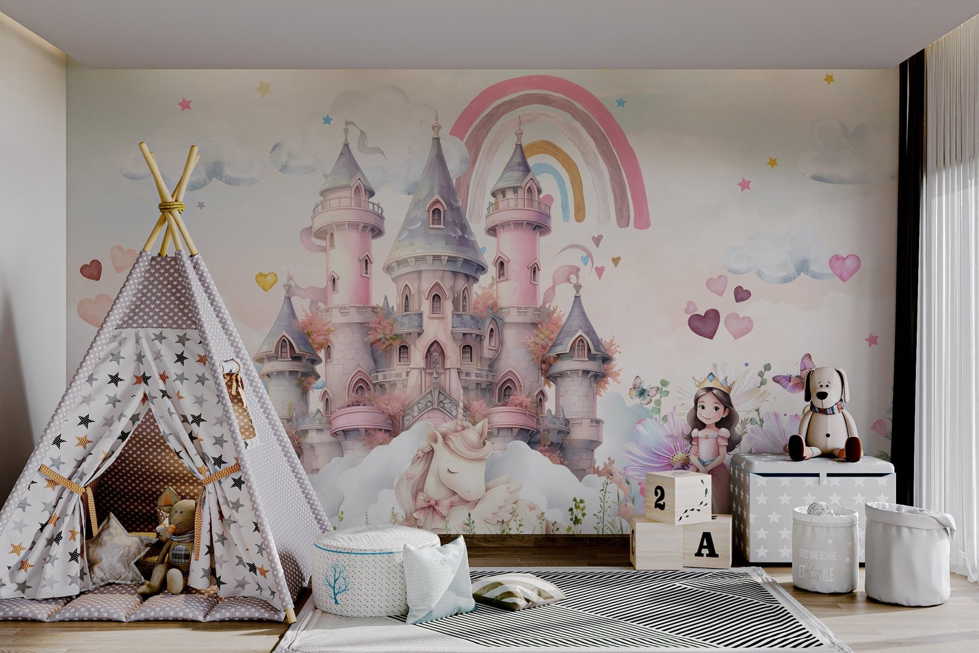 Watercolor rainbow with pink and blue castle wall mural for modern nursery.