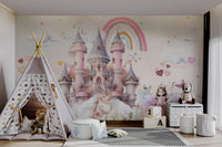 Watercolor rainbow with pink and blue castle wall mural for modern nursery.
