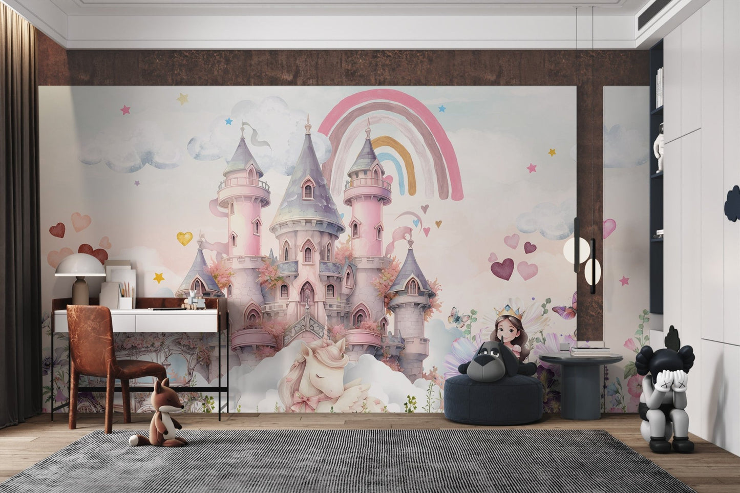 Floating peach and pink hearts around a castle wall mural for study area.