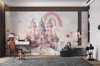 Floating peach and pink hearts around a castle wall mural for study area.