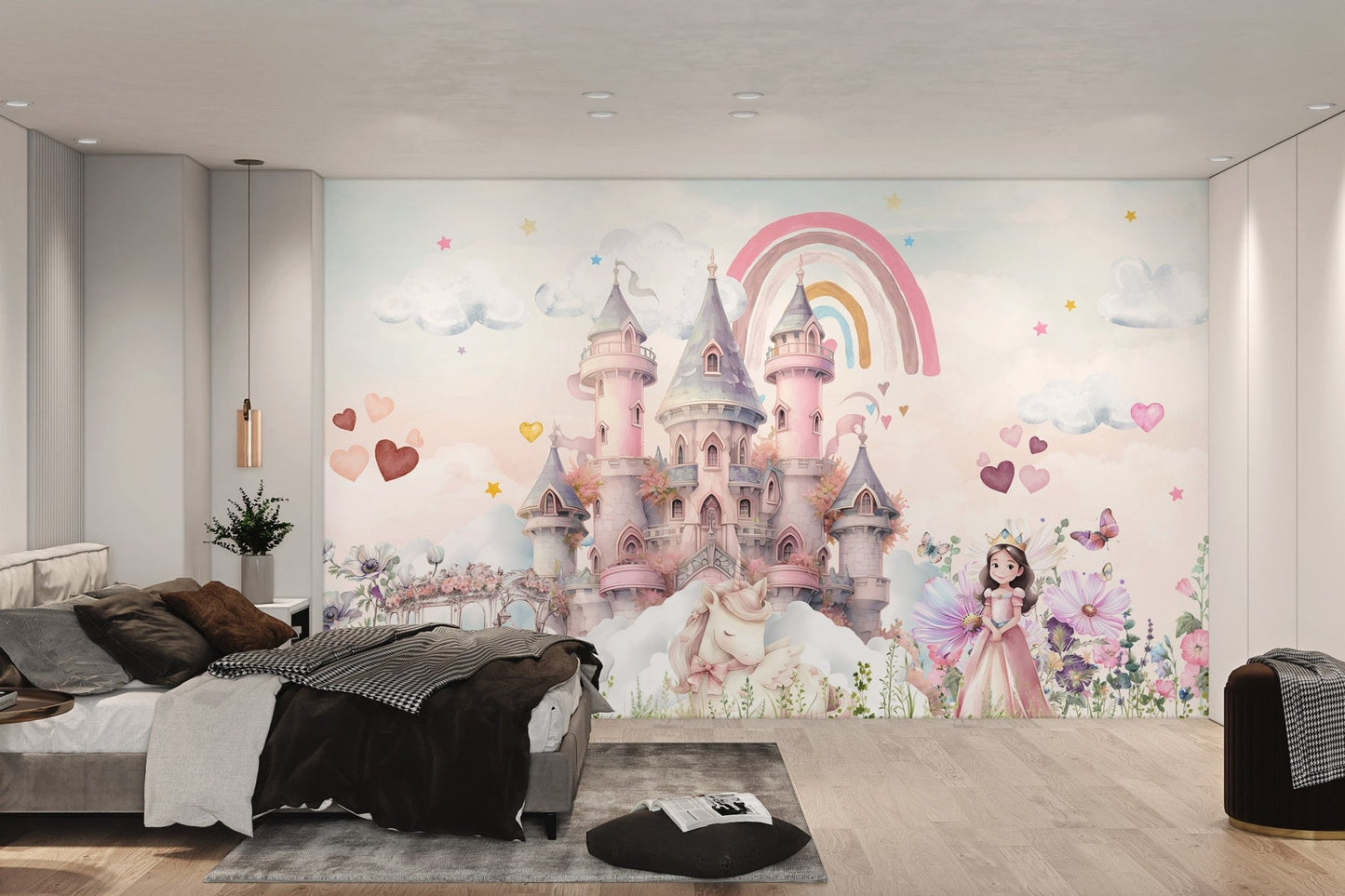 Royal princess castle with yellow star wall mural in modern bedroom.