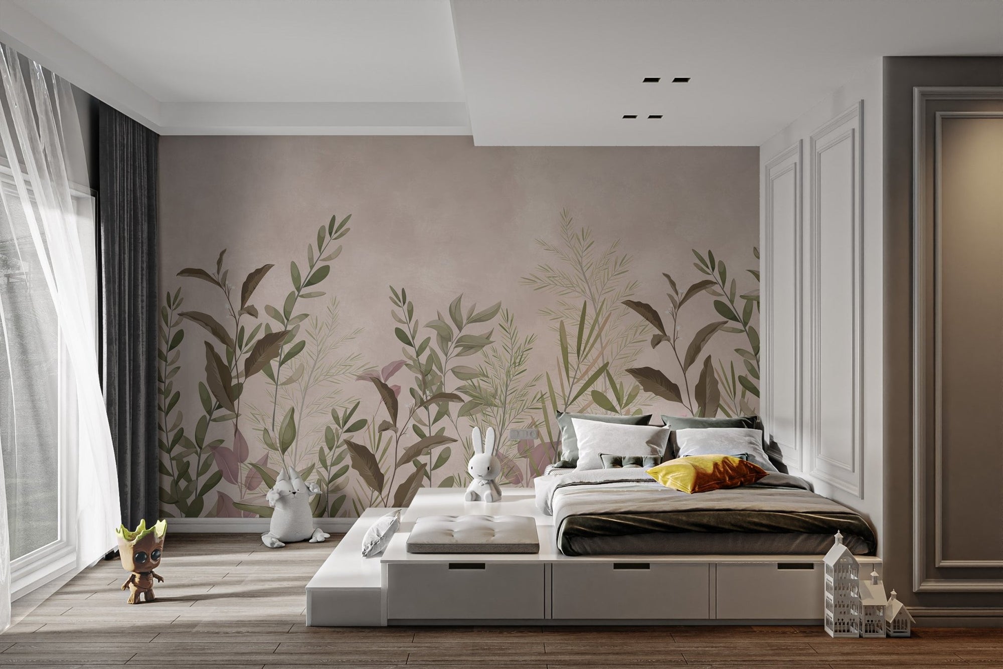 Pristine botanic wallpaper mural featuring illustrated green and brown leaves.