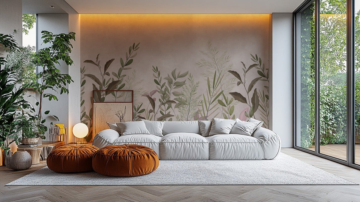 Minimalist wild leaf wall mural for sophisticated apartment wall decor.