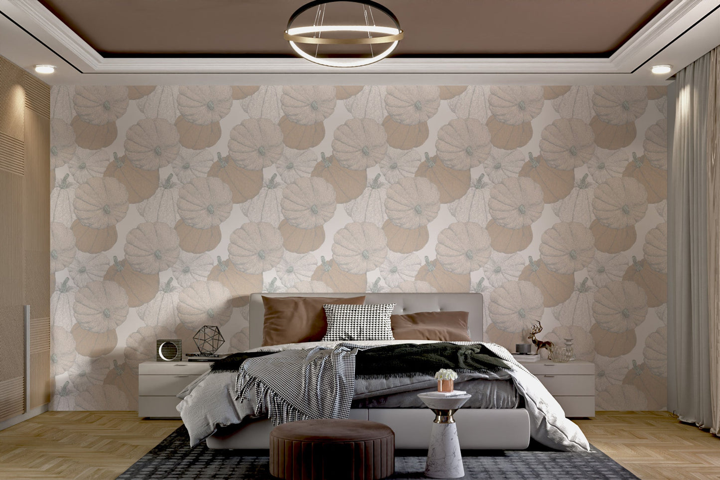 Pumpkin patch wallpaper bringing autumn charm to bedroom walls.