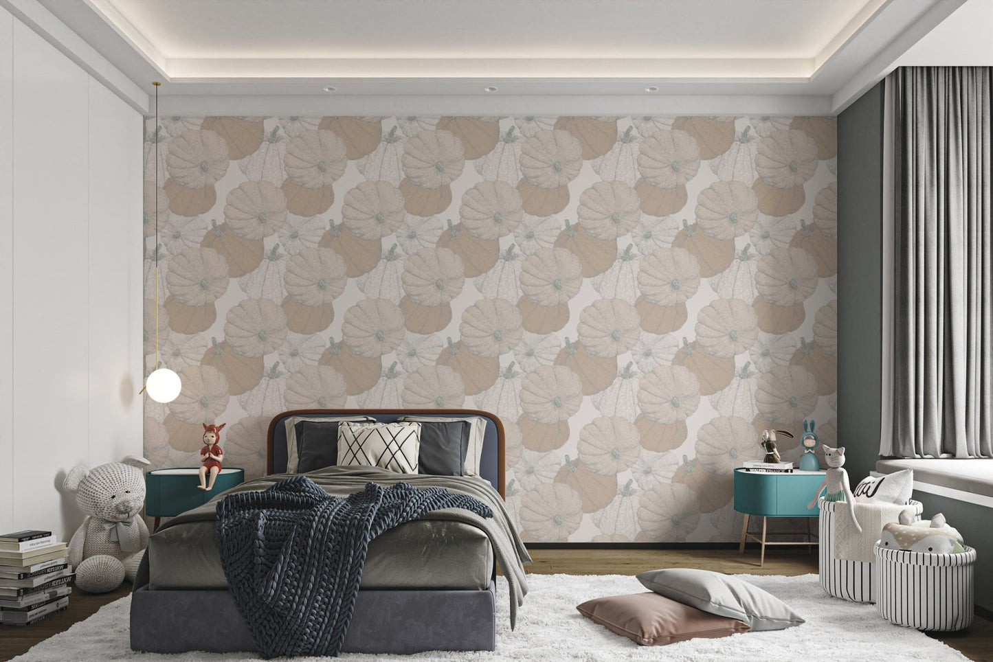Fall-inspired mural wallpaper with artistic pumpkin patch for bedroom interior.