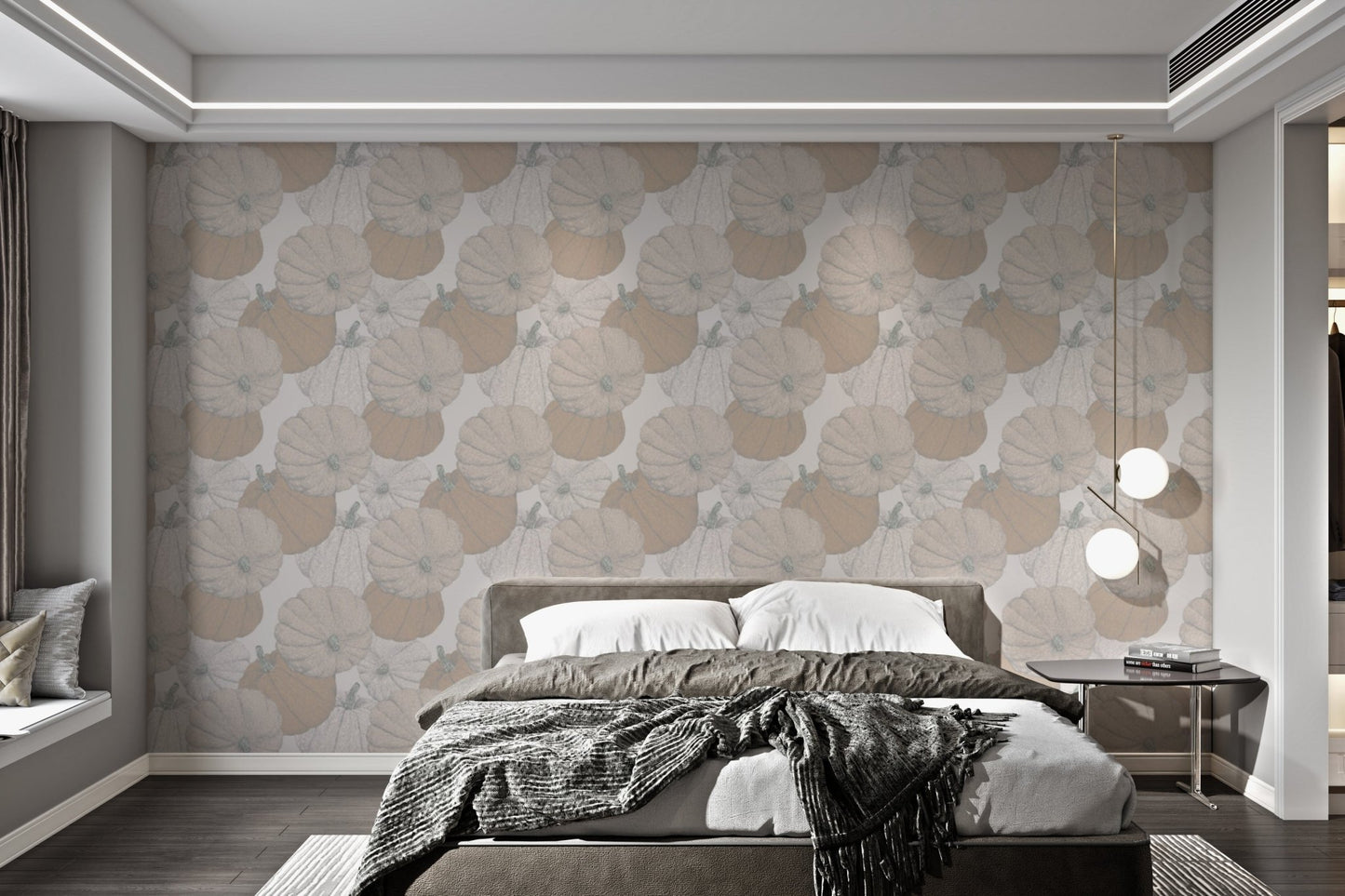 Artistic mural wallpaper featuring a vibrant pumpkin patch for bedroom.