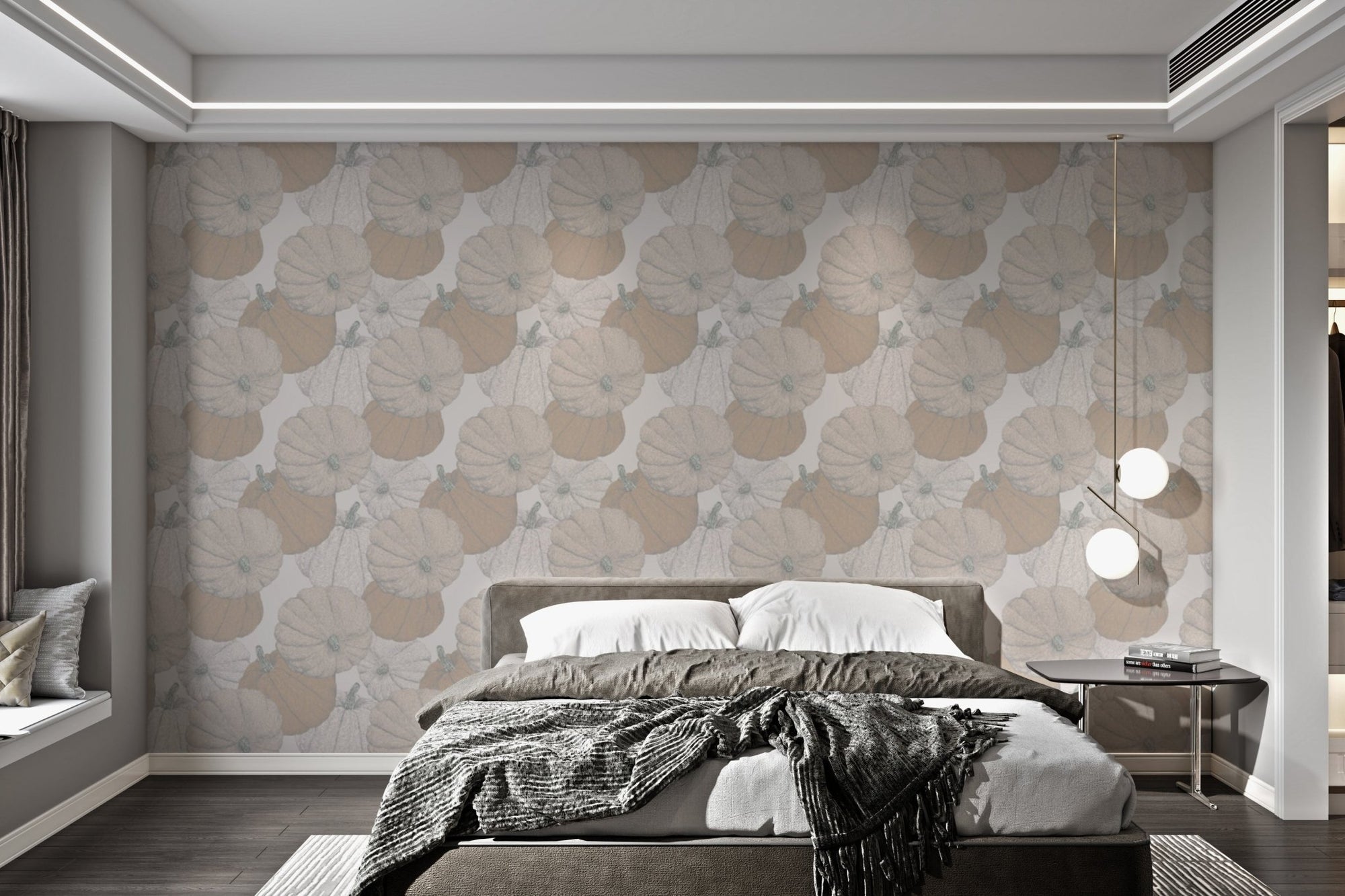 Artistic mural wallpaper featuring a vibrant pumpkin patch for bedroom.
