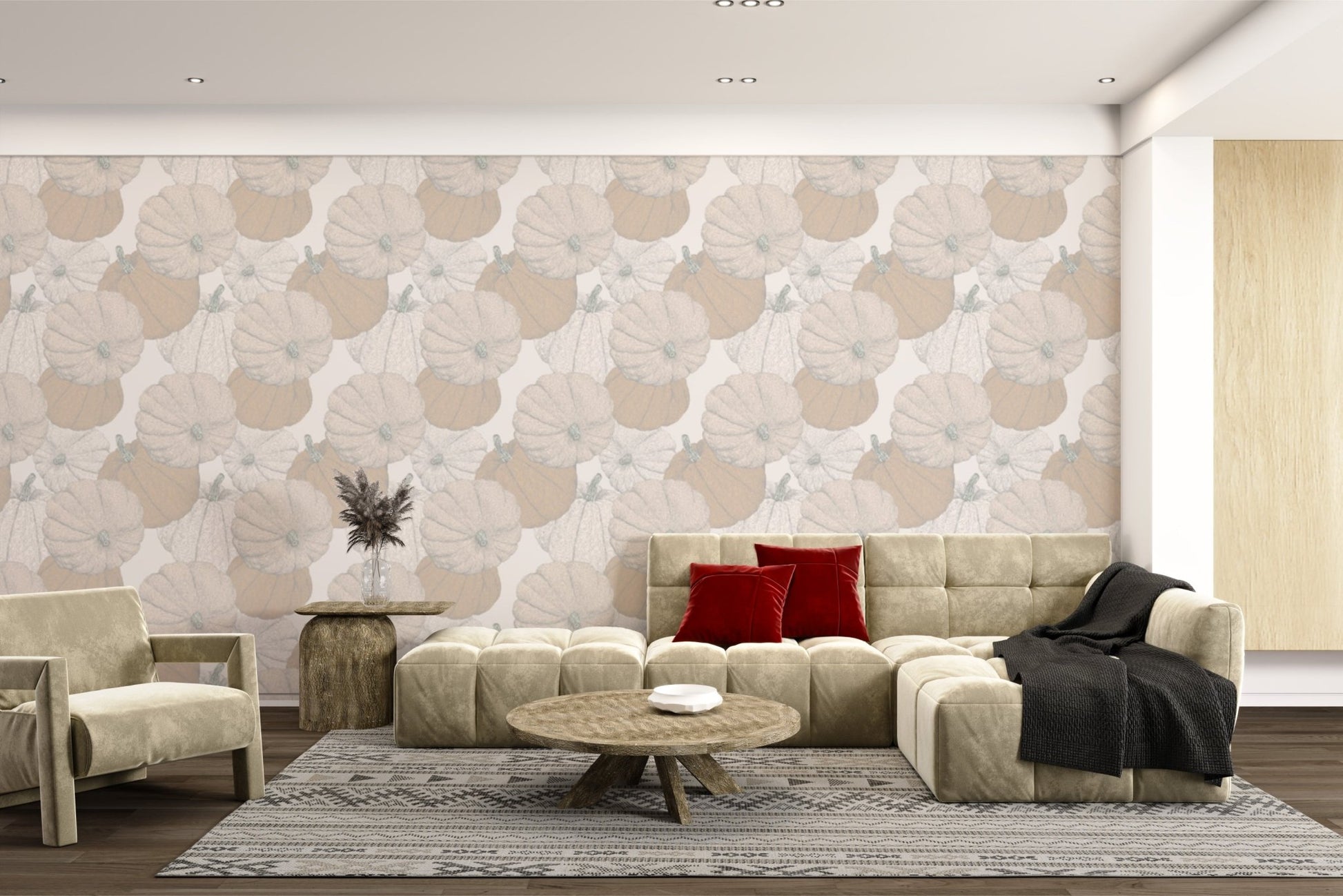Warm and cozy wallpaper with pumpkin patch artwork for living area.