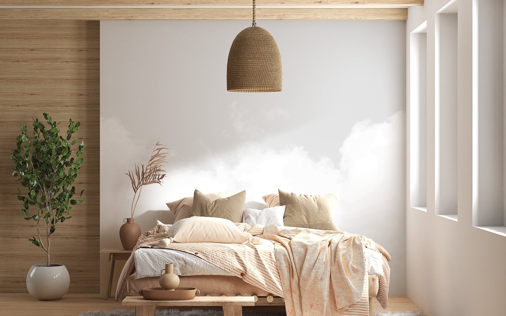 Dreamy cloudscape wall mural for serene and stylish bedroom spaces.
