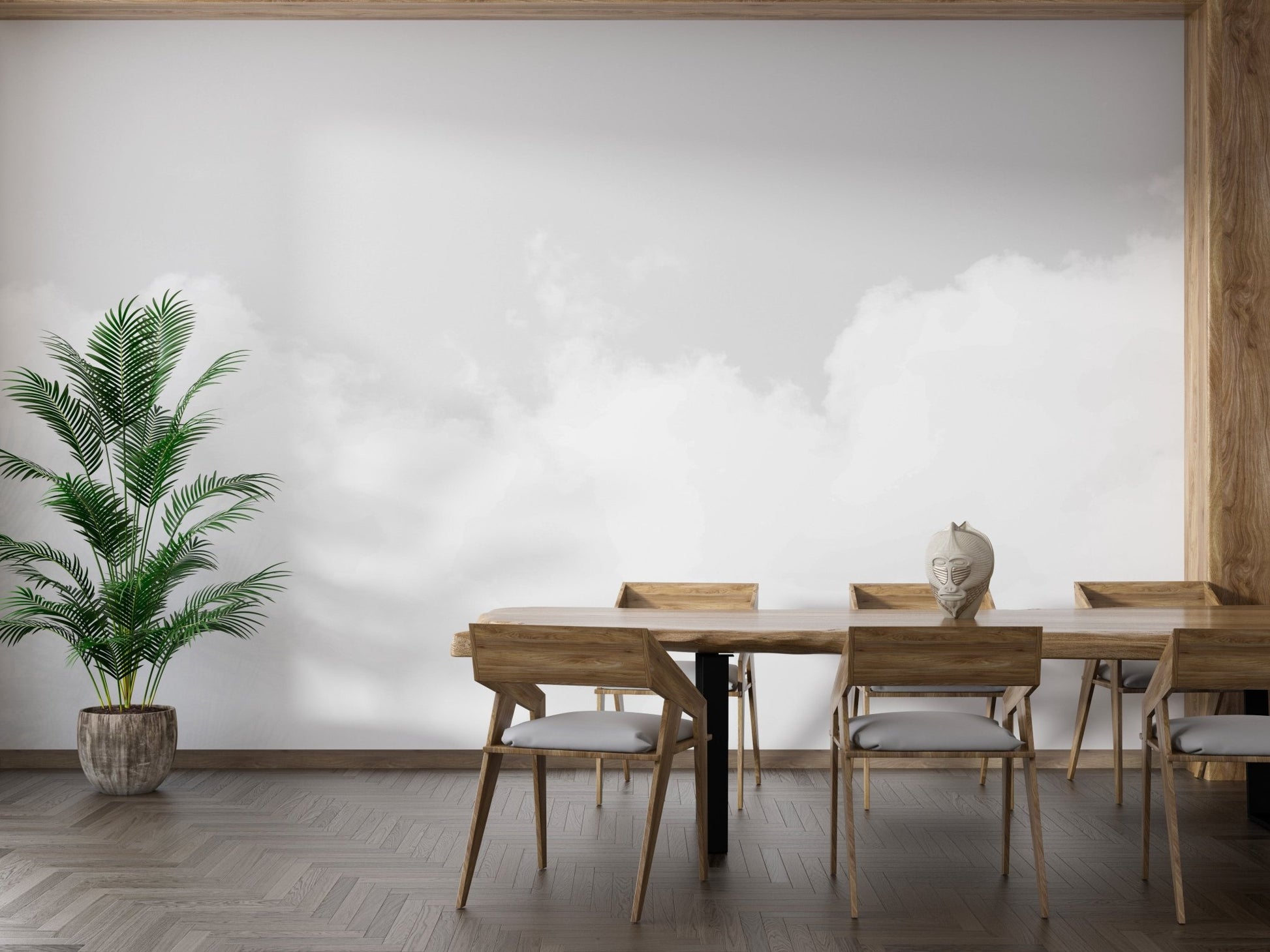 Cloudscape mural featuring serene clouds for calming dining room interiors.
