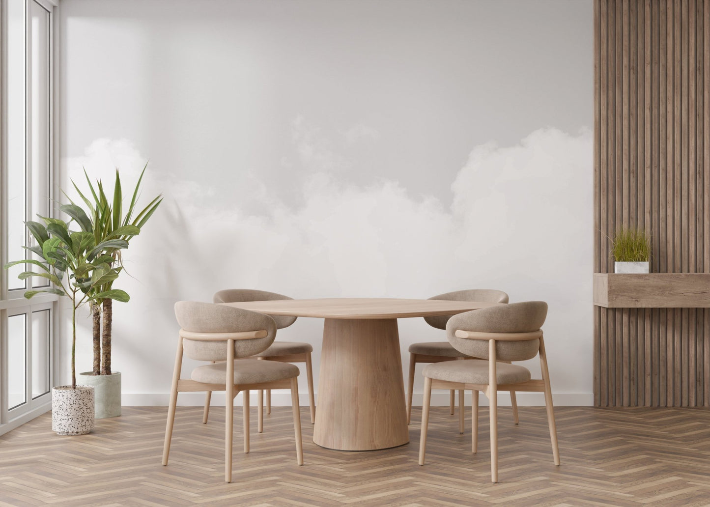 Cloudscape mural with soft, fluffy clouds for dining room wall decor.

