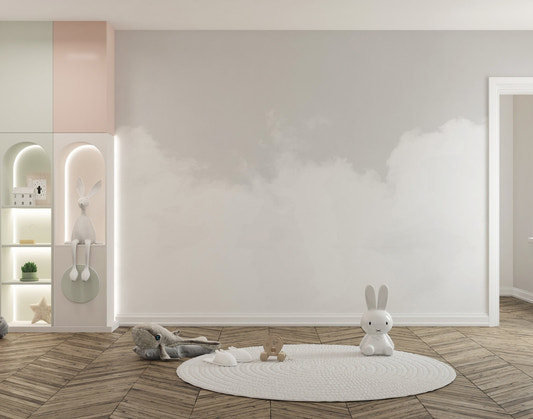 Pure bliss cloudscape mural with soft clouds for tranquil kids room decor.
