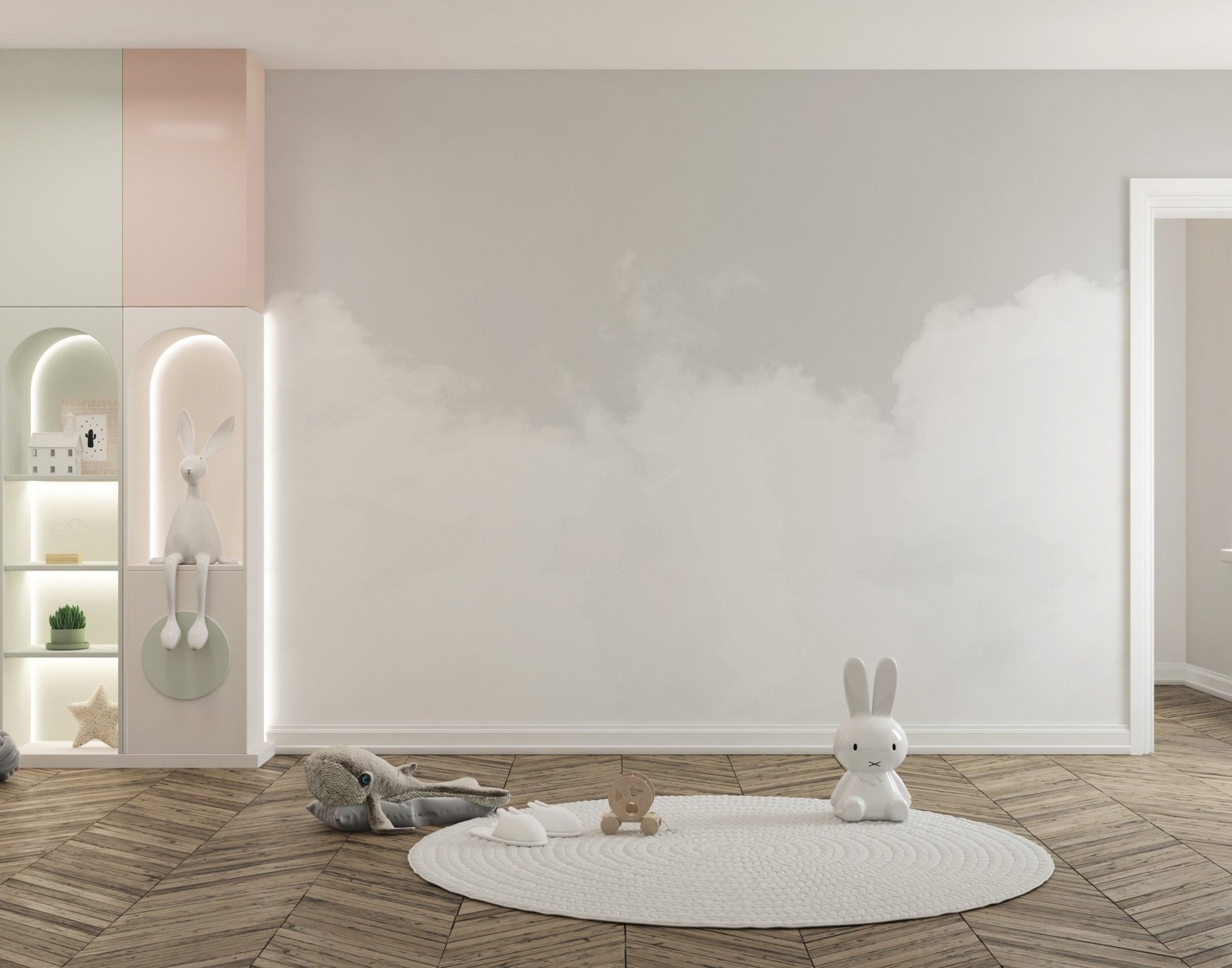 Pure bliss cloudscape mural with soft clouds for tranquil kids room decor.
