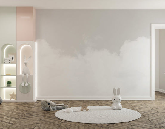 Pure bliss cloudscape mural with soft clouds for tranquil kids room decor.
