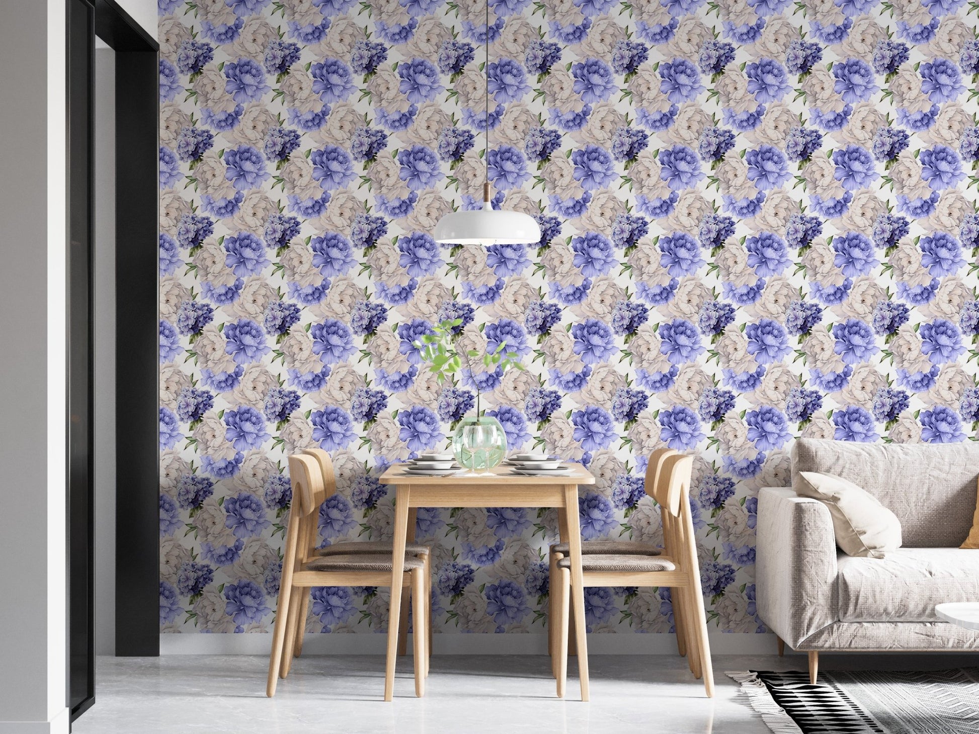Dining room wall featuring purple color peonies flower light background watercolor wallpaper.