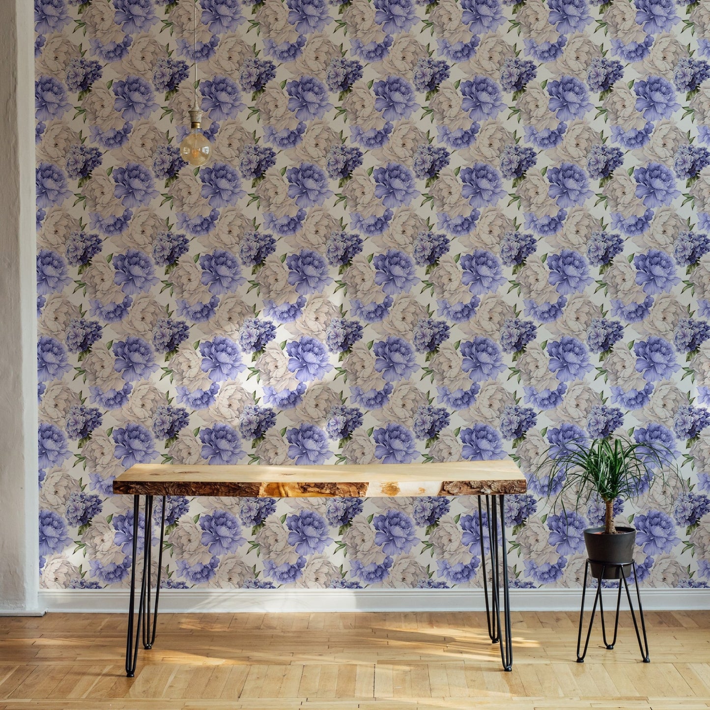 Purple color peonies flower light background watercolor wallpaper in a modern room