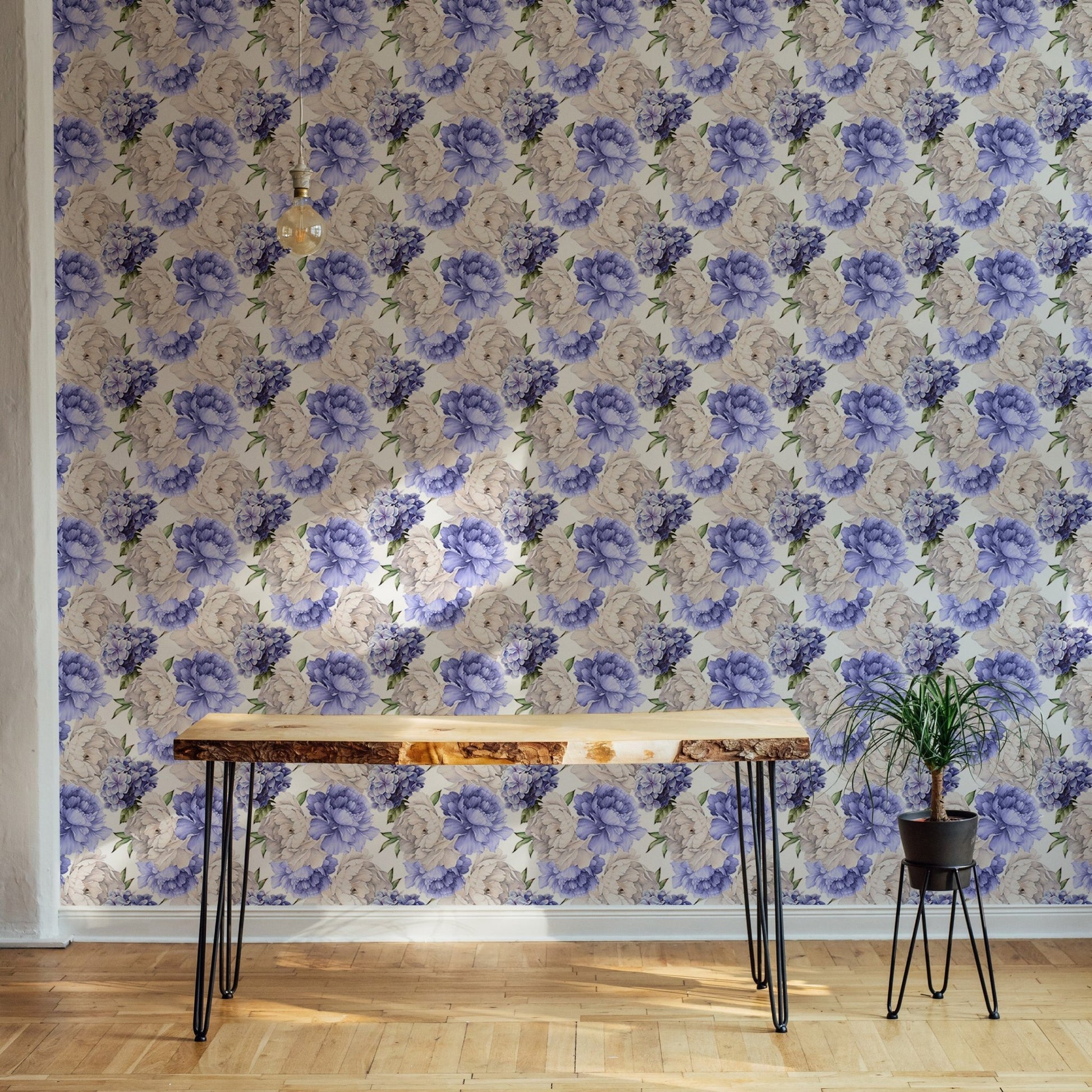 Purple color peonies flower light background watercolor wallpaper in a modern room
