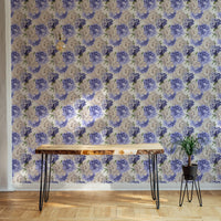 Purple color peonies flower light background watercolor wallpaper in a modern room