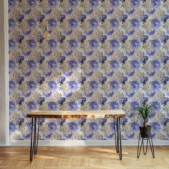 Purple color peonies flower light background watercolor wallpaper in a modern room