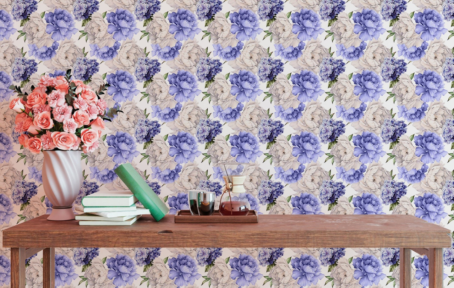 Watercolor peonies wallpaper behind a wooden console table with flower vases.