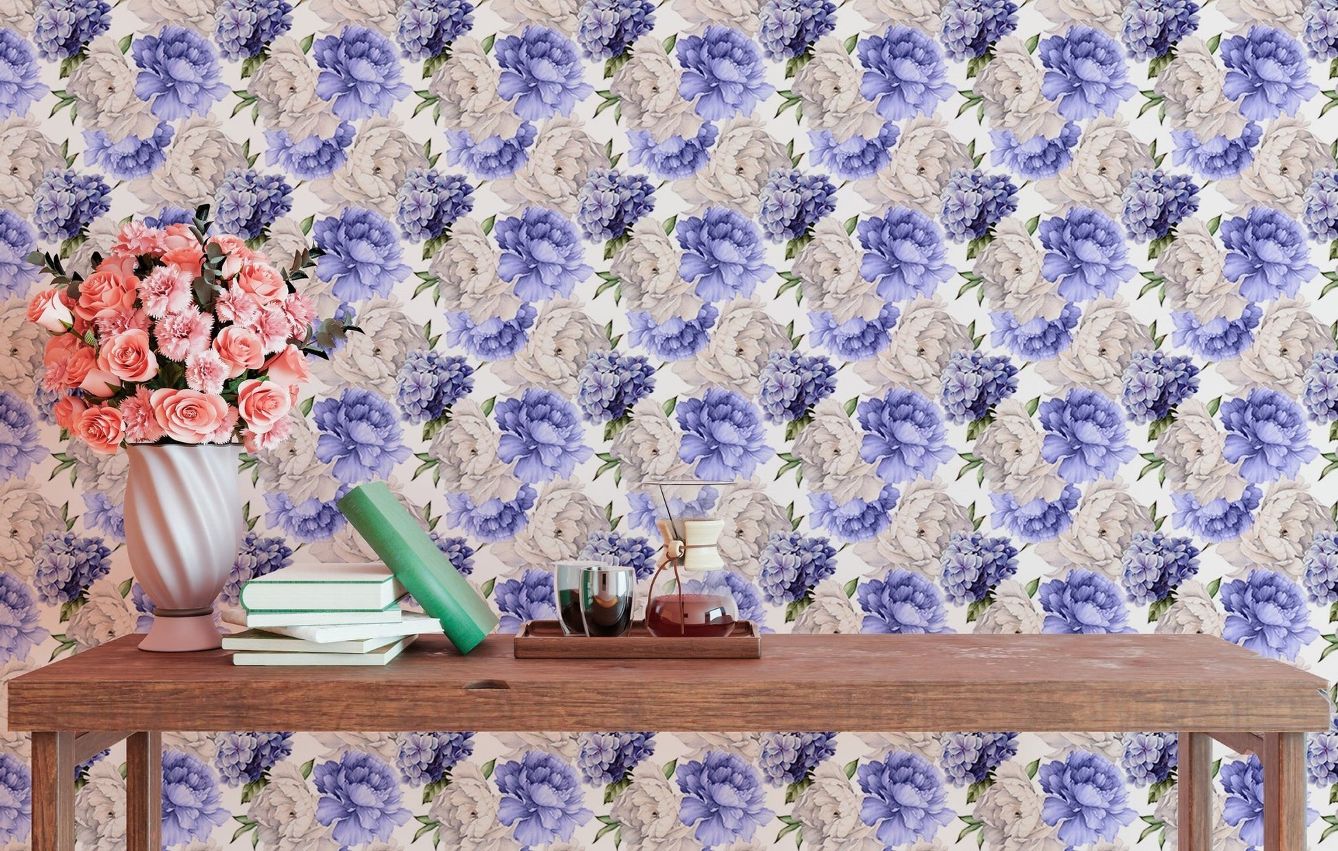Watercolor peonies wallpaper behind a wooden console table with flower vases.