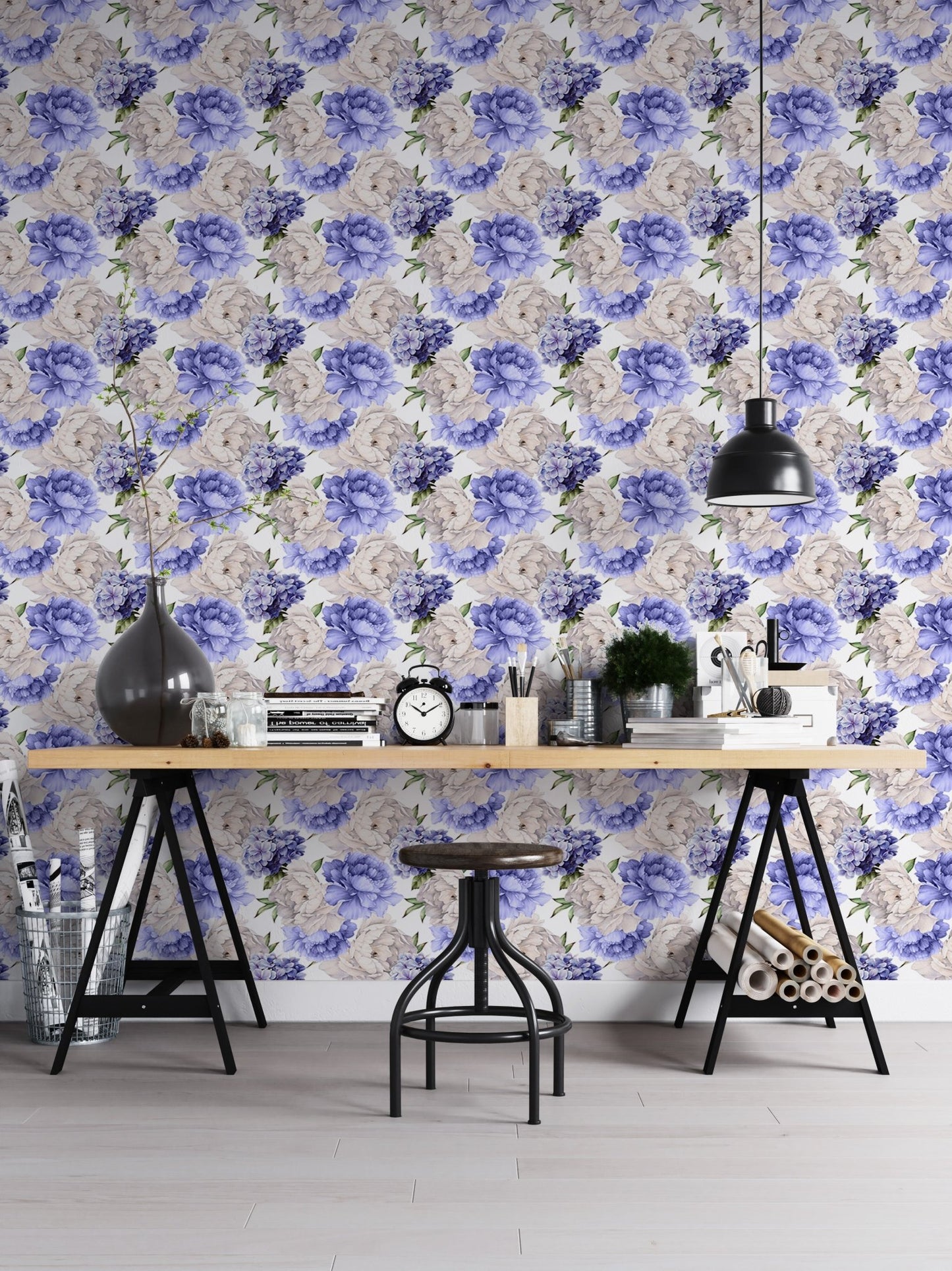 Home office setup with watercolor peony wallpaper and a black metal desk.