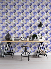 Home office setup with watercolor peony wallpaper and a black metal desk.