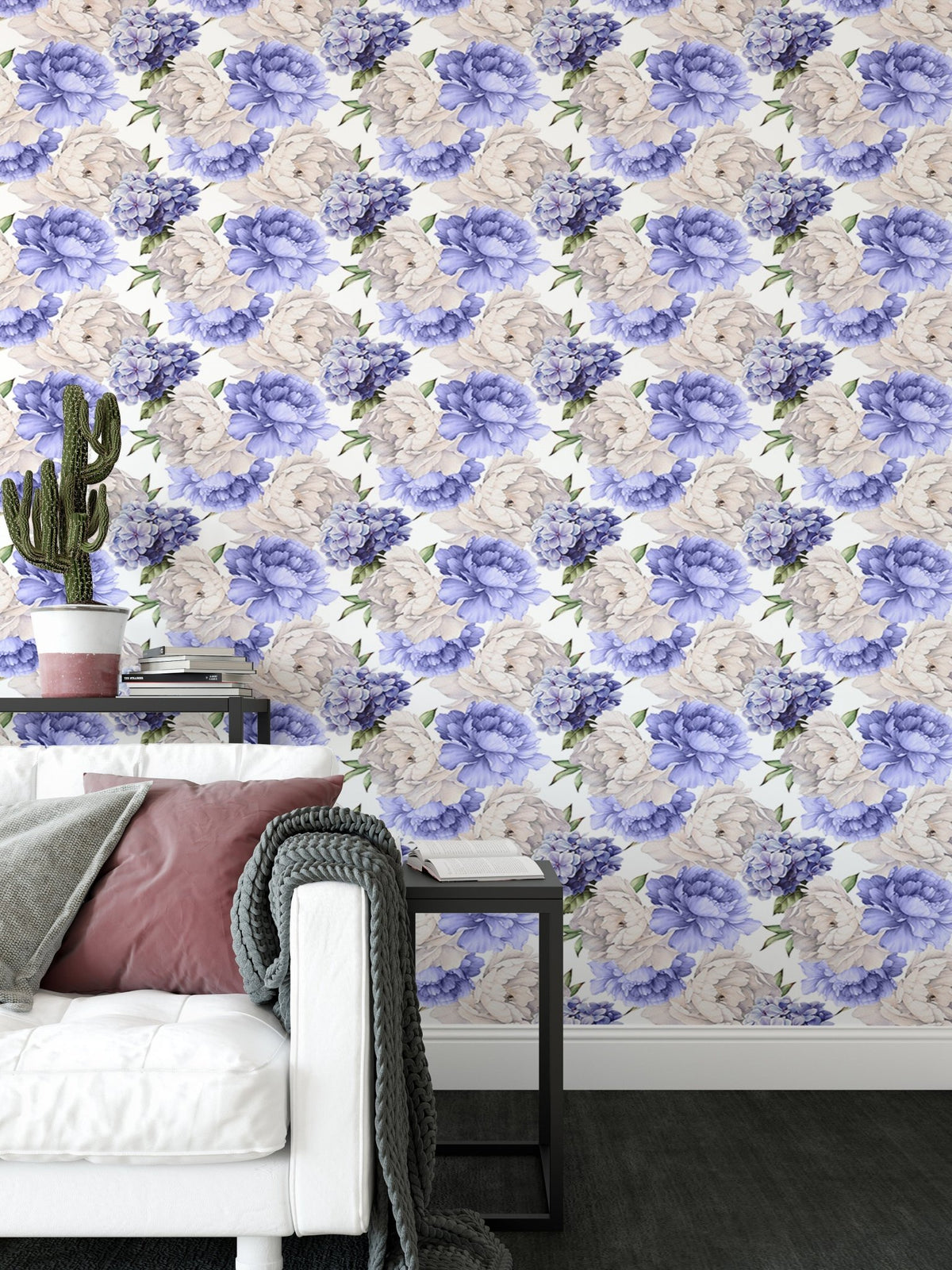 Living room sofa placed against a light background watercolor peony wallpaper.