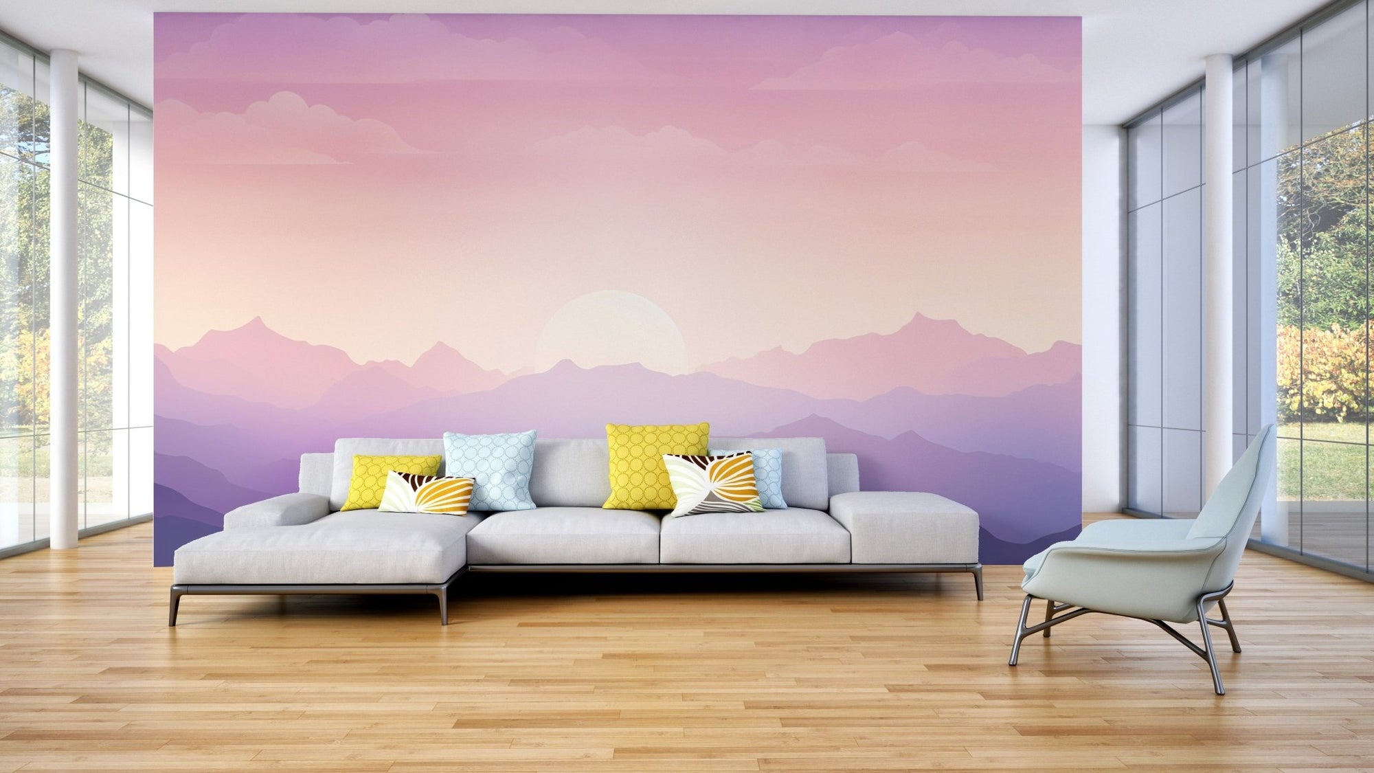 Purple sunset mountain wallpaper with lavender gradient peaks.