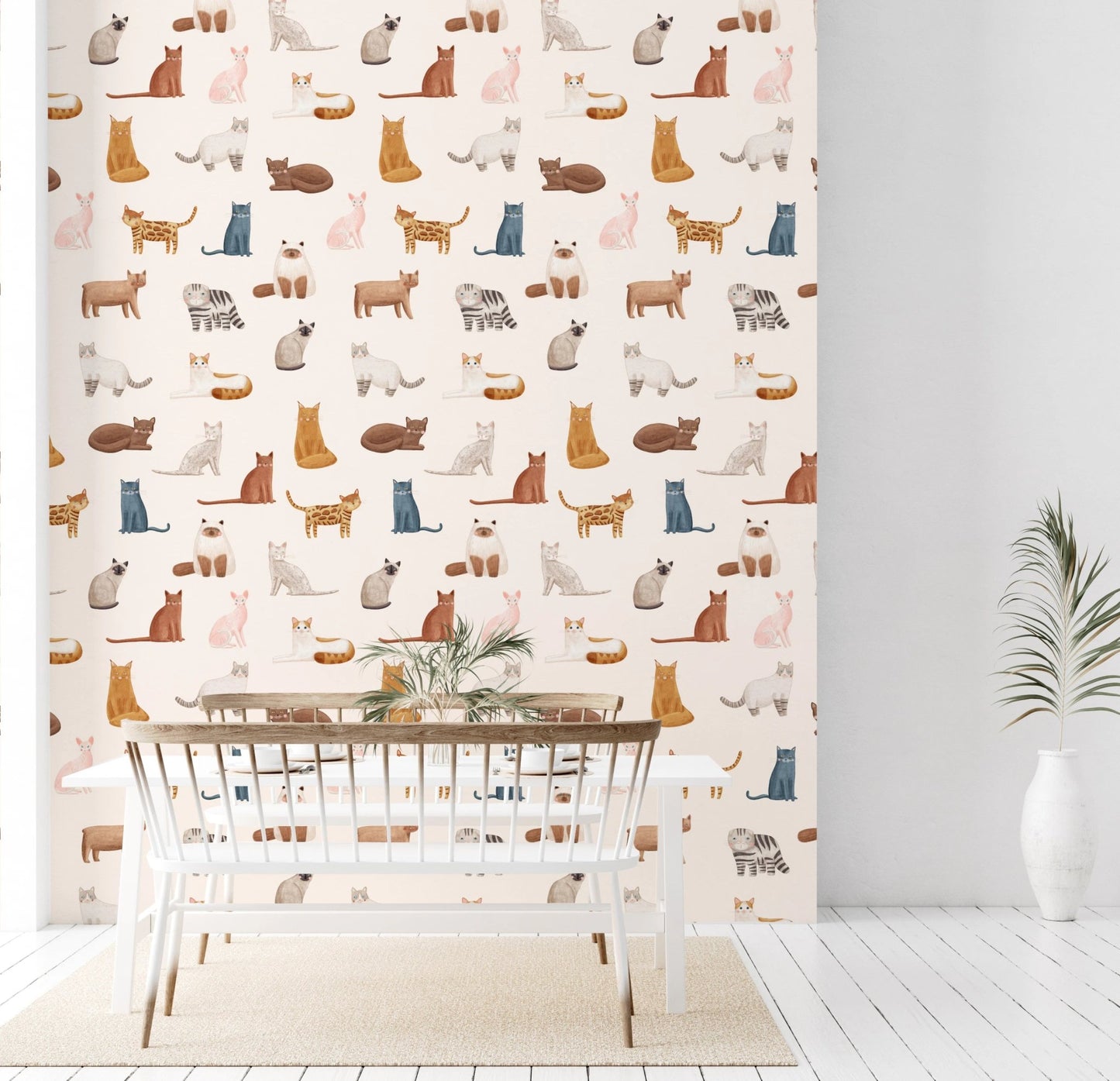 Sitting long-haired white cat nursery wallpaper