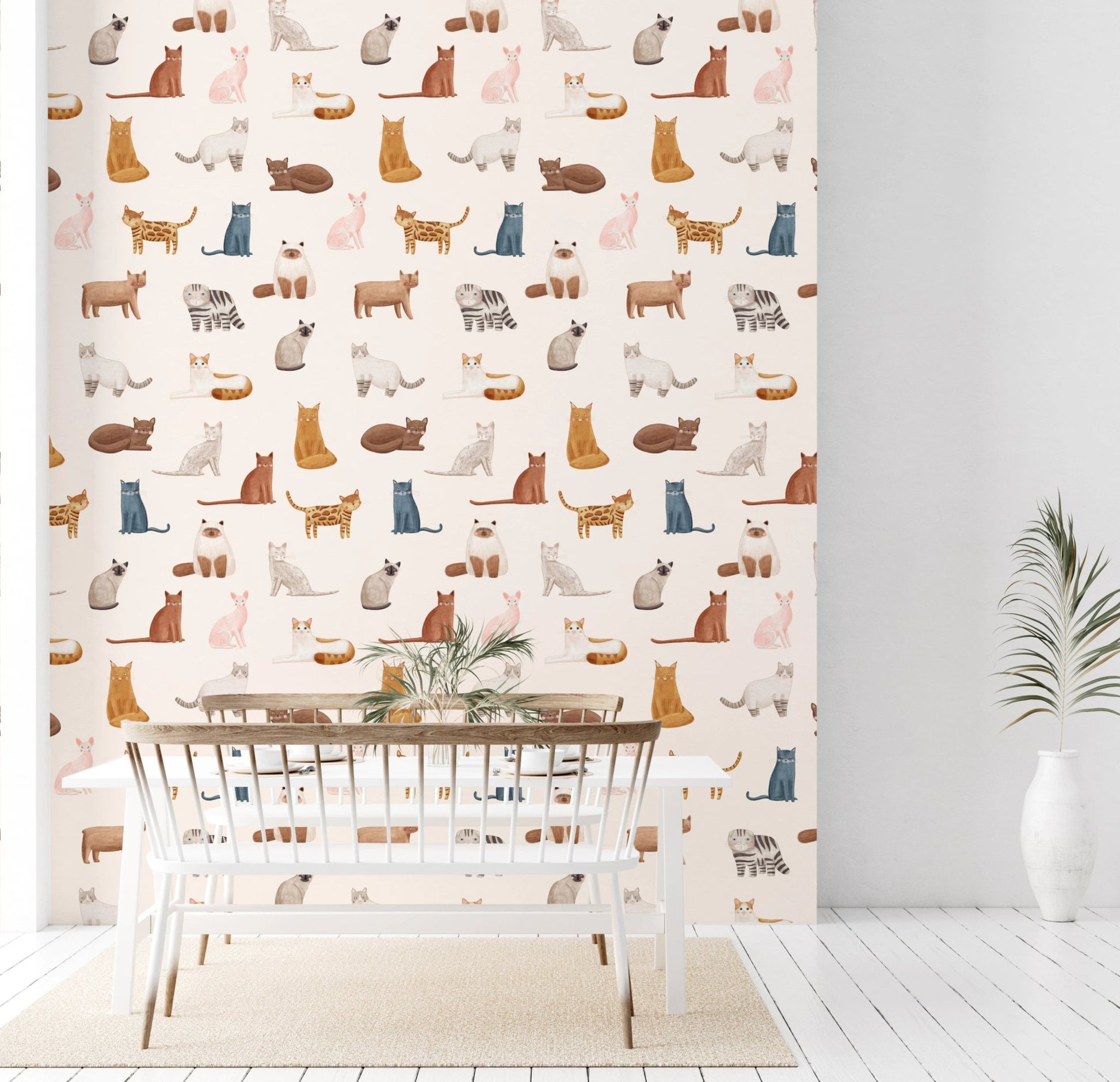 Sitting long-haired white cat nursery wallpaper