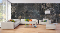 Large living space featuring quirky plaid pattern wall mural and wooden floors.