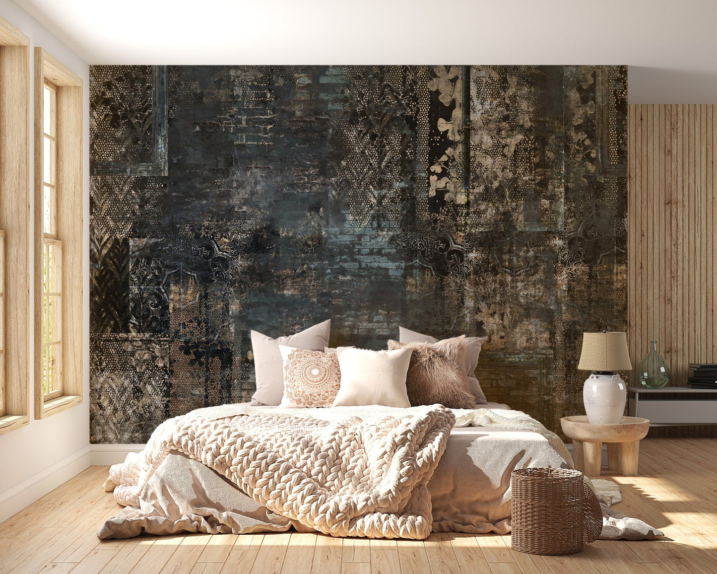 Bedroom with Quirky Plaid Pattern Wall Mural and neutral bedding.