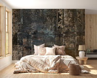 Bedroom with Quirky Plaid Pattern Wall Mural and neutral bedding.