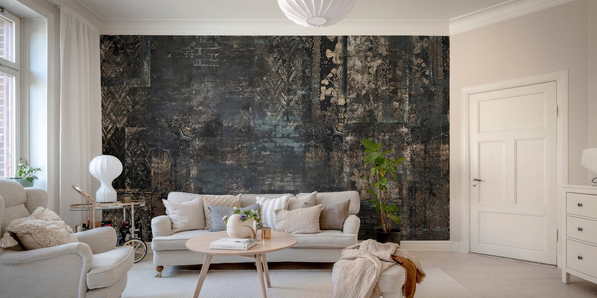 Eclectic plaid pattern mural for striking visual effect in modern living room.