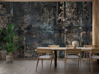 Dining room with dark textured plaid wall mural and light wood table.