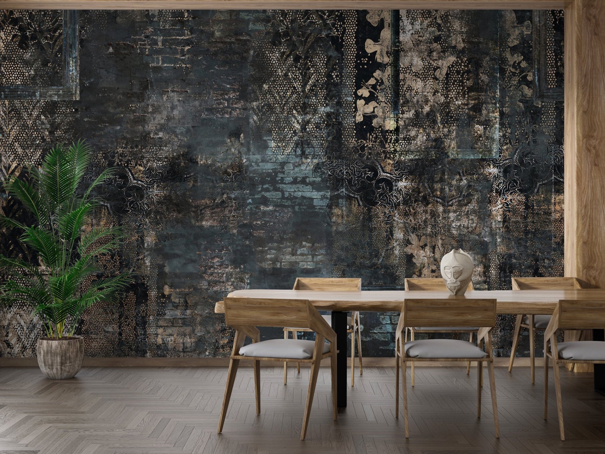 Dining room with dark textured plaid wall mural and light wood table.