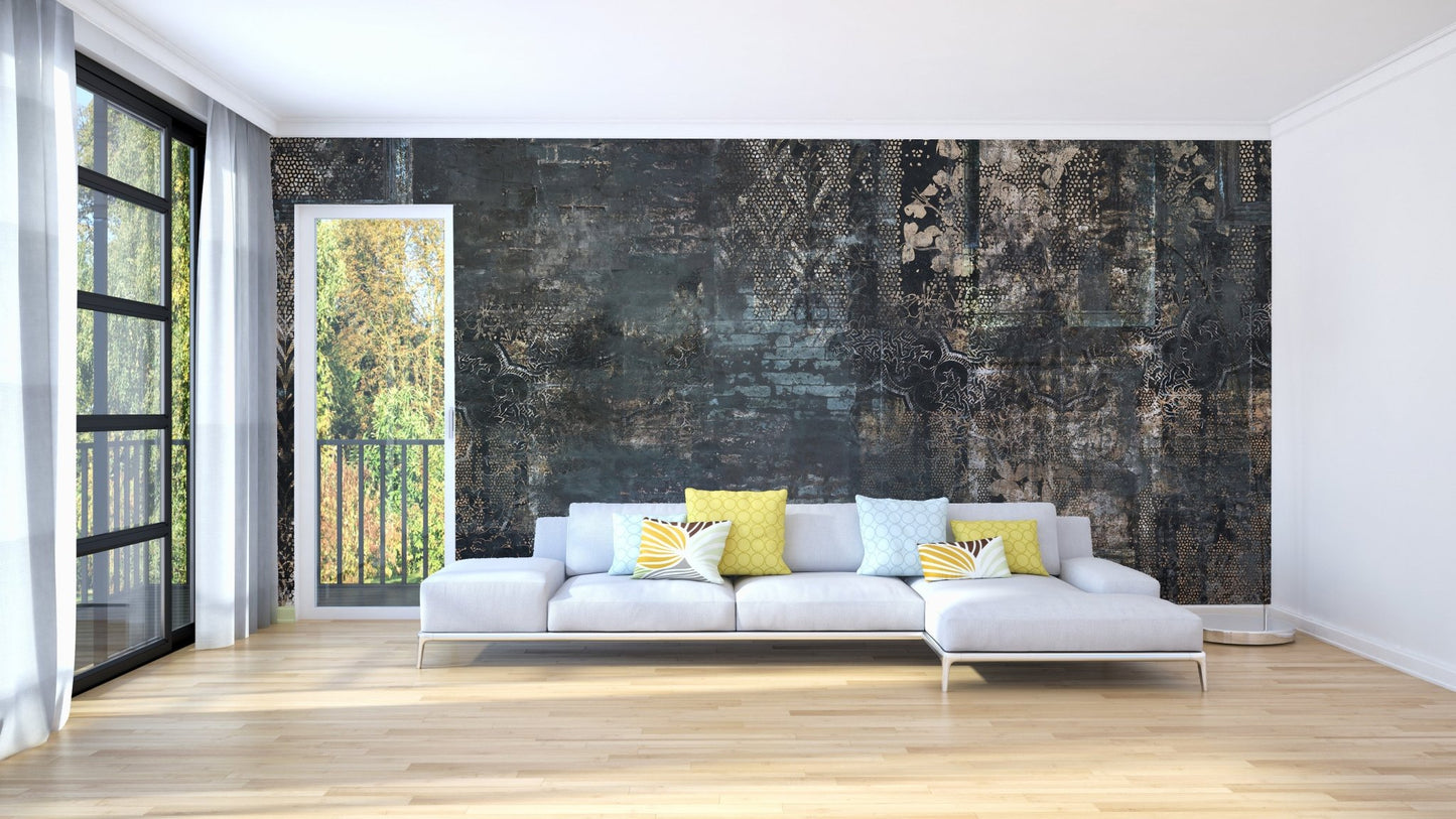 Minimalist living room with dark textured plaid pattern wall mural.