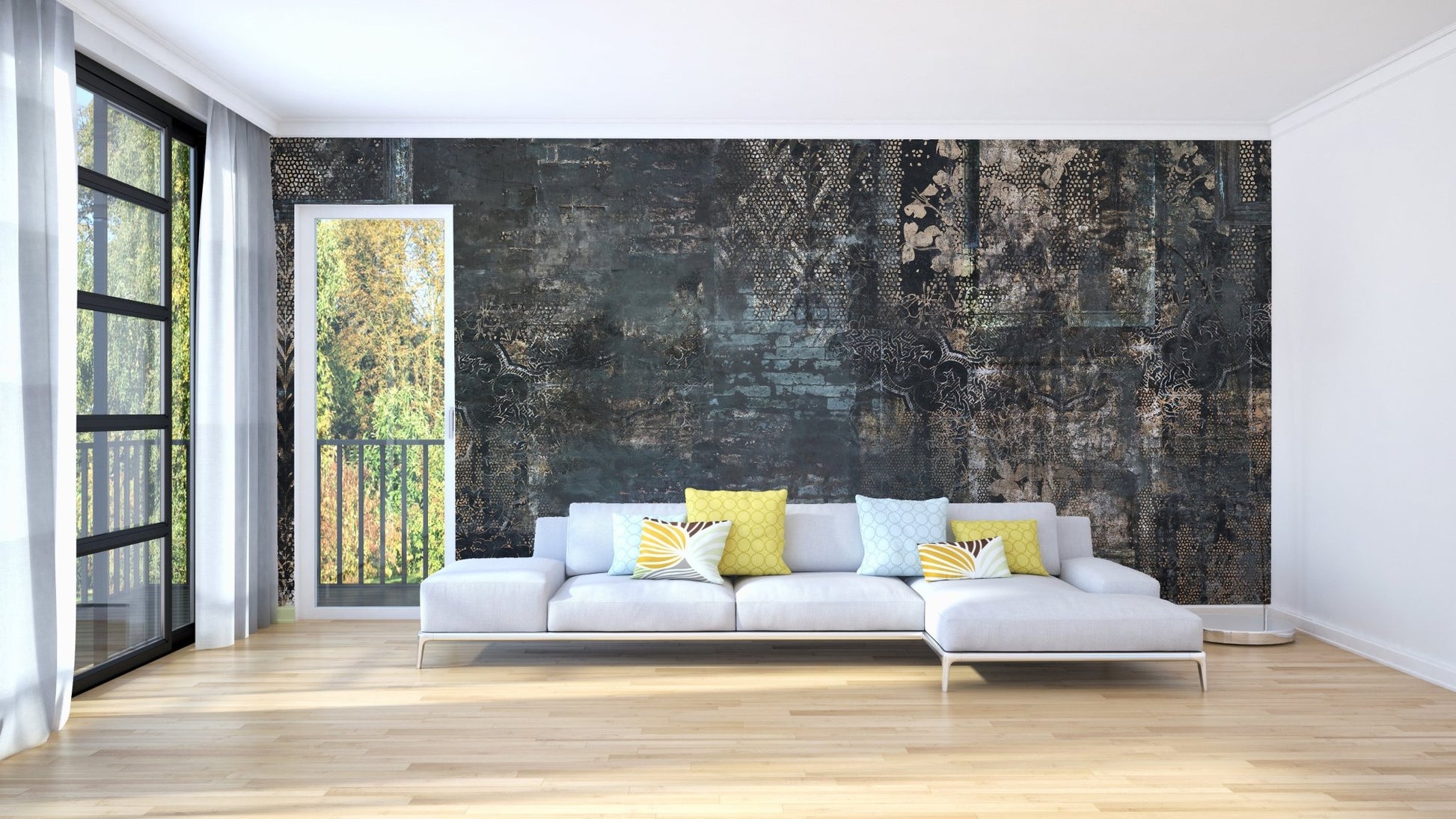 Minimalist living room with dark textured plaid pattern wall mural.