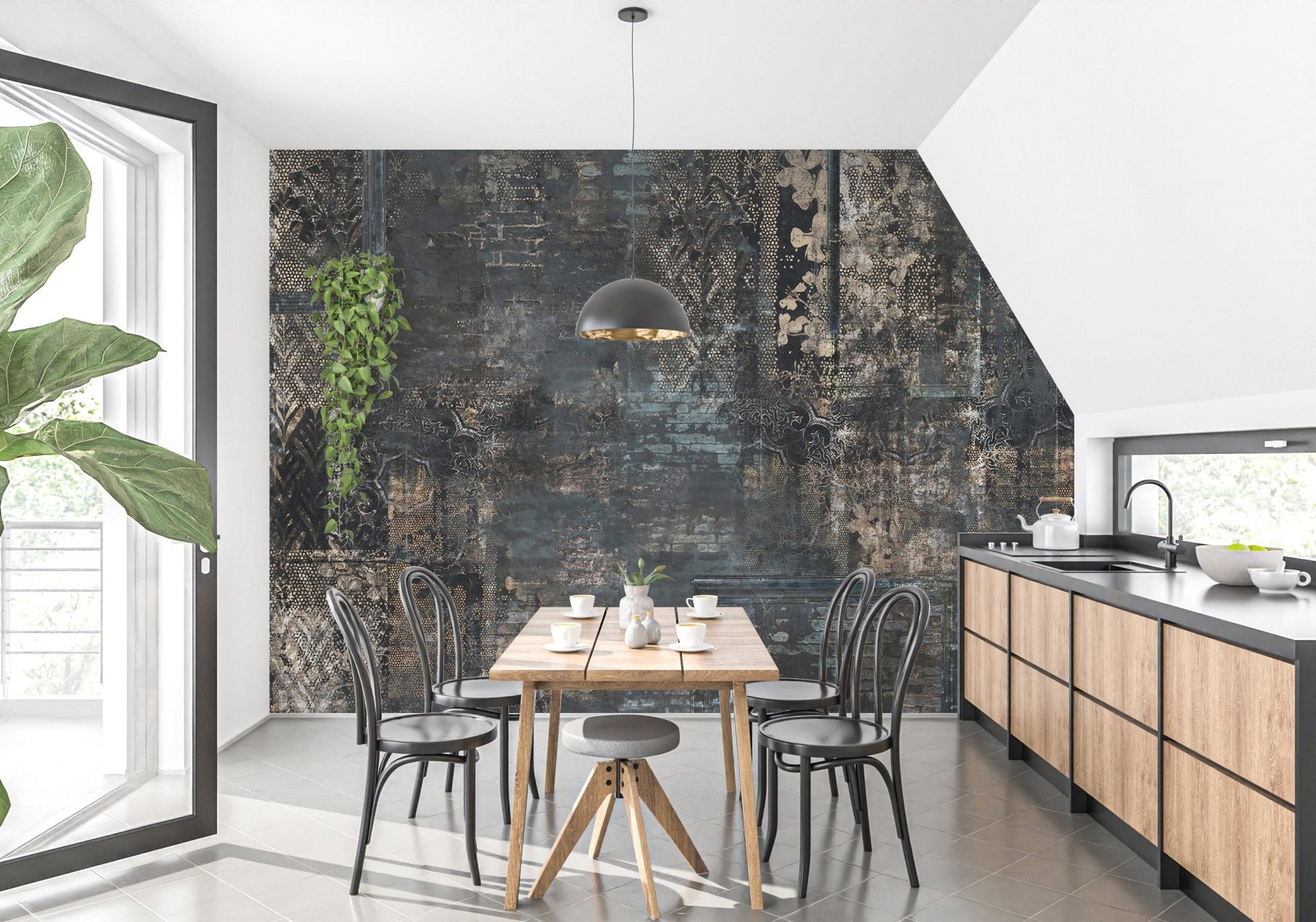Kitchen area featuring dark quirky plaid pattern mural on a side wall.