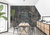 Kitchen area featuring dark quirky plaid pattern mural on a side wall.