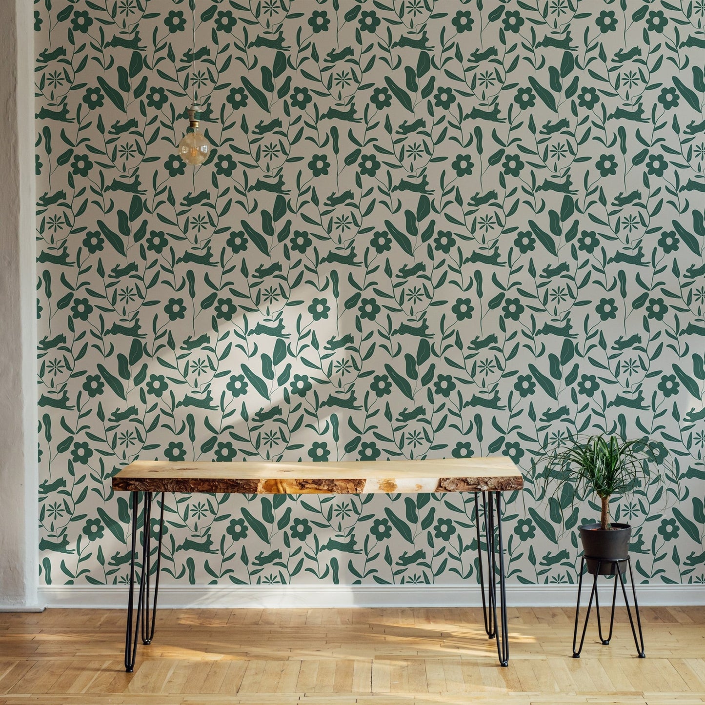 Scandi style wallpaper on a feature wall behind a dark wood desk.
