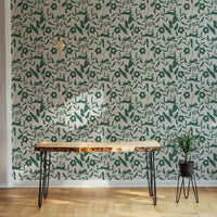 Scandi style wallpaper on a feature wall behind a dark wood desk.