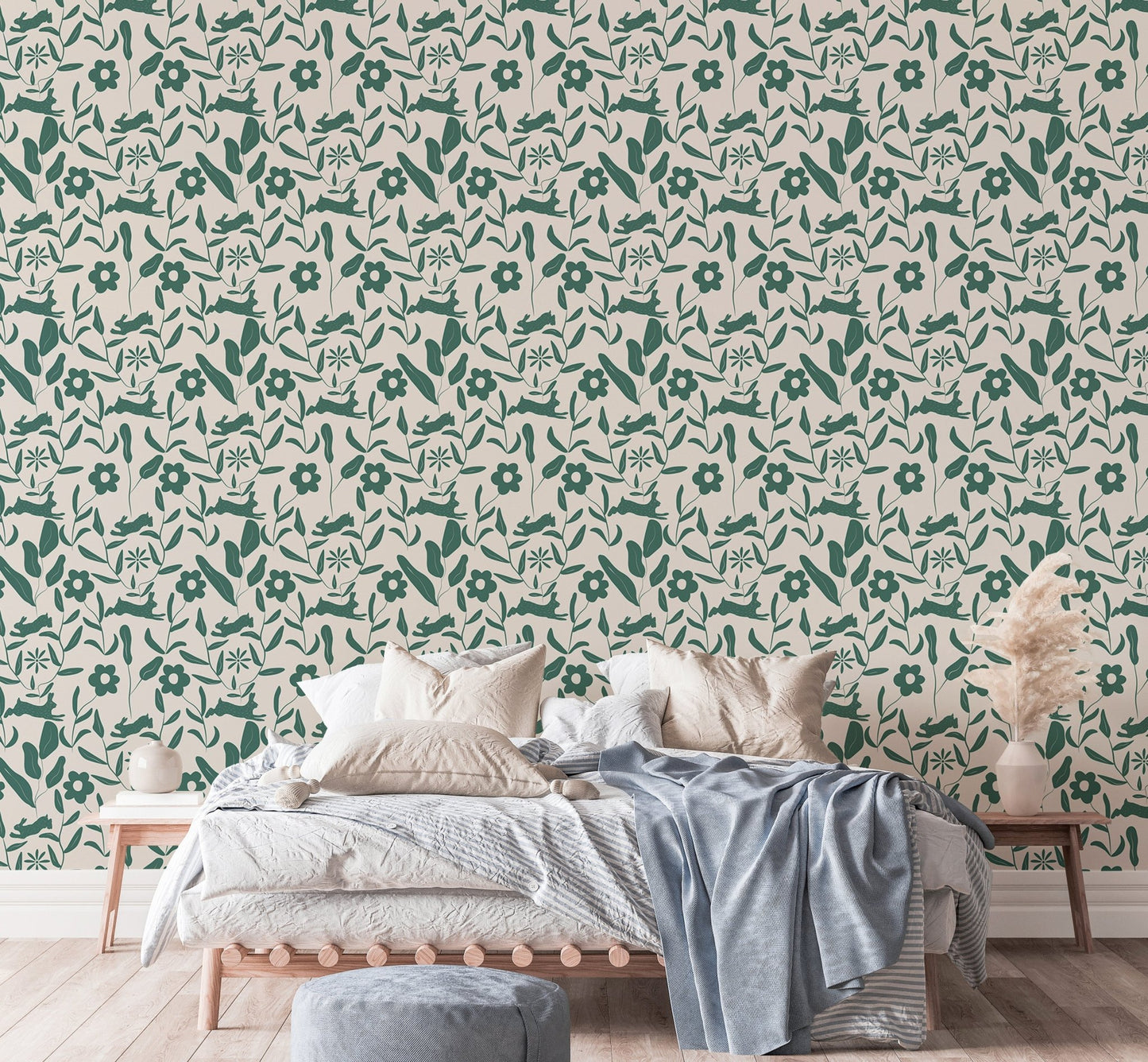 Botanical pattern wallpaper with green leaf patterns in a bright bedroom.