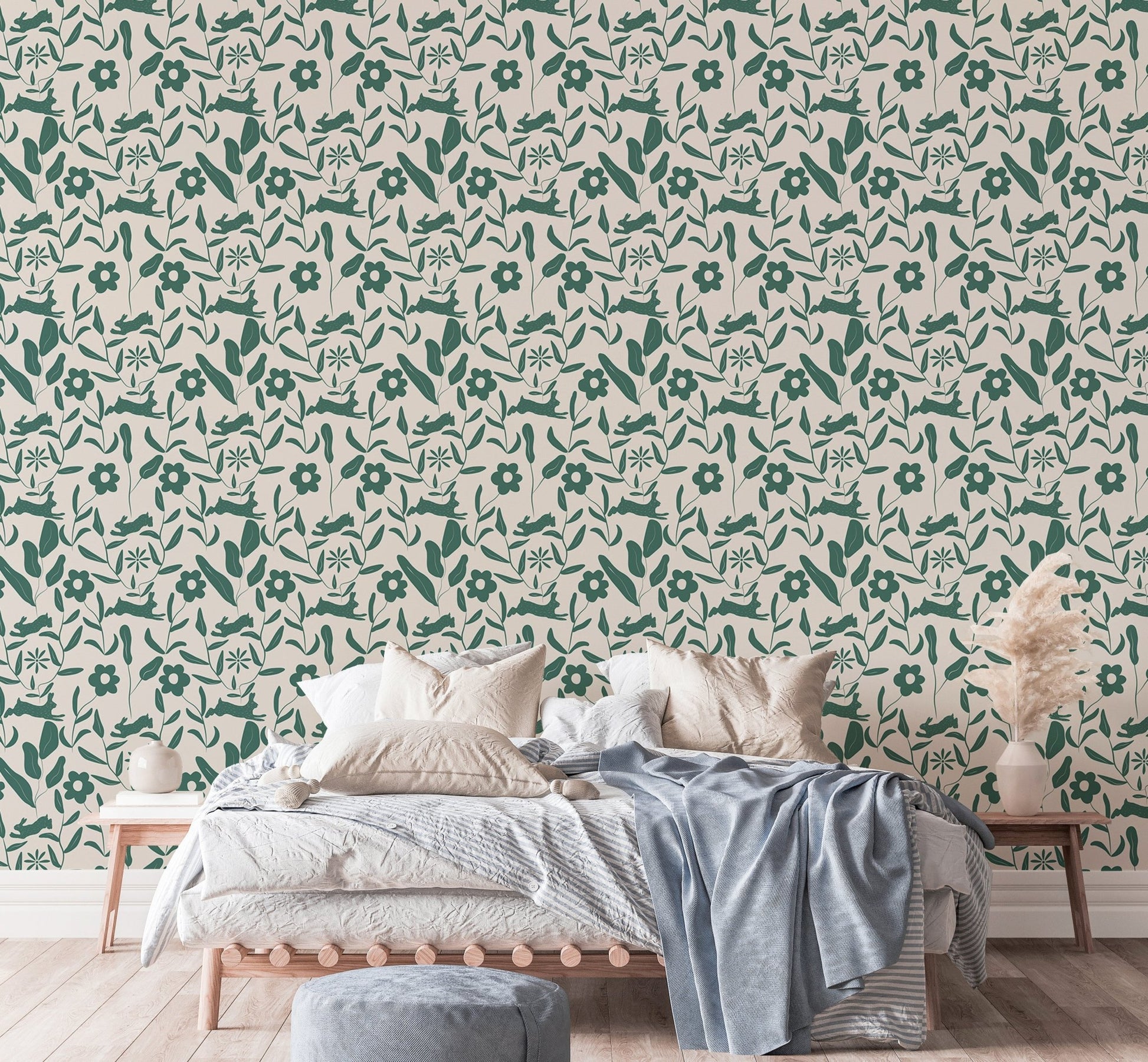 Botanical pattern wallpaper with green leaf patterns in a bright bedroom.
