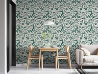 Floral and rabbit print wallpaper behind a wooden dining set and white pendant light.